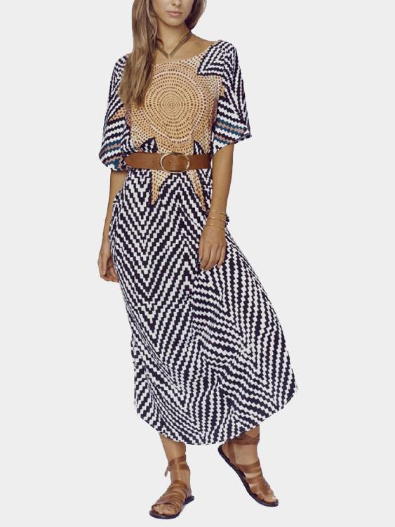 Wholesale Round Neck Half Sleeve Printed Slit Hem Beach Dresses 