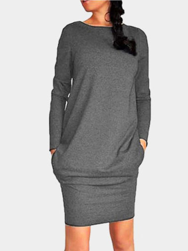 Wholesale Dark Grey Round Neck Long Sleeve Plain Mini Dress