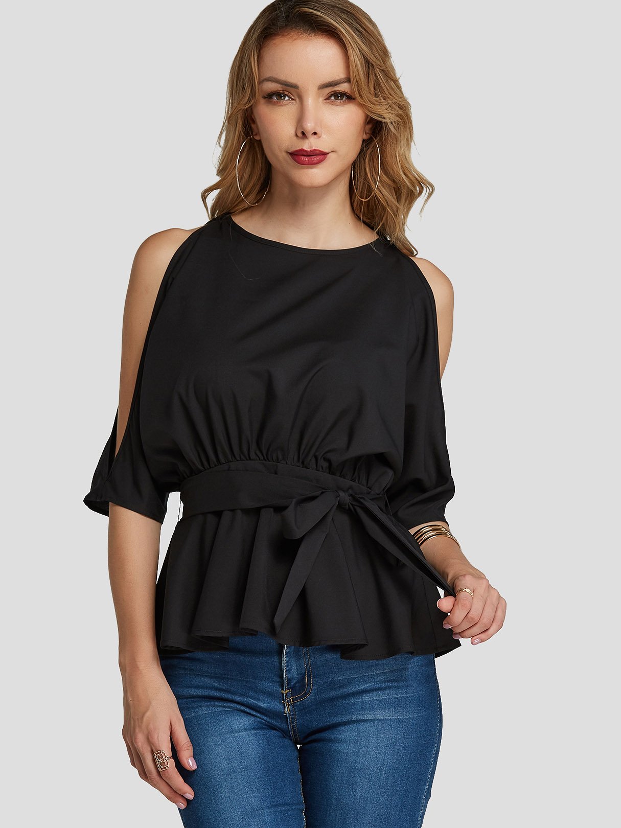 Wholesale Cold Shoulder Self-Tie Half Sleeve Black Blouses