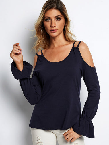Wholesale Round Neck Cold Shoulder Plain Cut Out Long Sleeve Navy Top