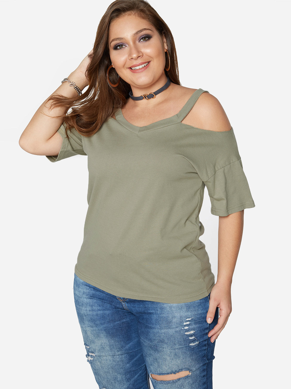 Wholesale V-Neck Plain Hollow Half Sleeve Flounced Hem Plus Size Tops