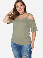 Wholesale V-Neck Plain Hollow Half Sleeve Flounced Hem Plus Size Tops
