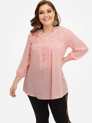 Wholesale Plain Lace 3/4 Sleeve Plus Size Tops