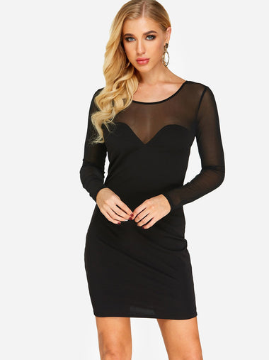Wholesale Black Round Neck Long Sleeve Plain Zip Back Mini Dress