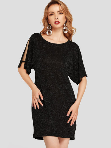Wholesale Round Neck Cold Shoulder Half Sleeve Plain Casual Dress