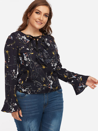 Wholesale V-Neck Floral Print Long Sleeve Navy Plus Size Tops