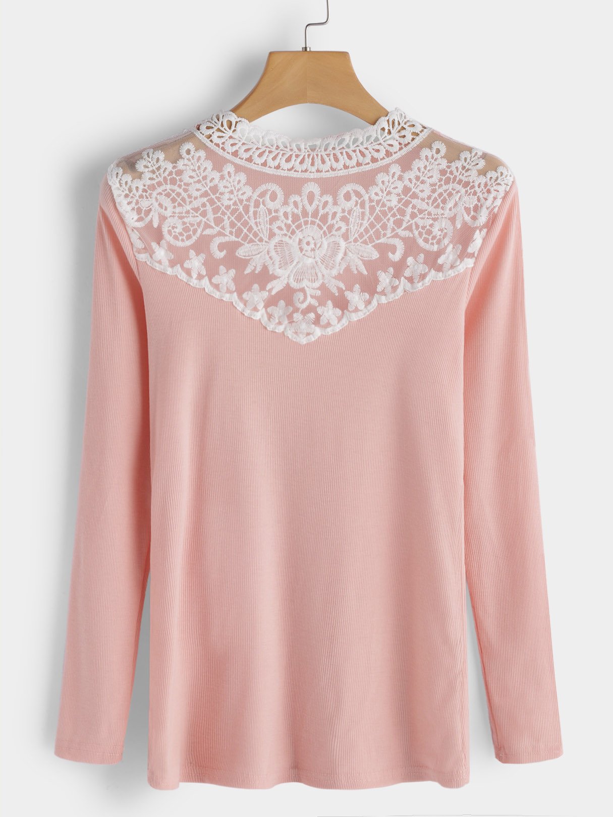 Wholesale Round Neck Lace Long Sleeve Pink T-Shirts