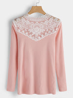 Wholesale Round Neck Lace Long Sleeve Pink T-Shirts