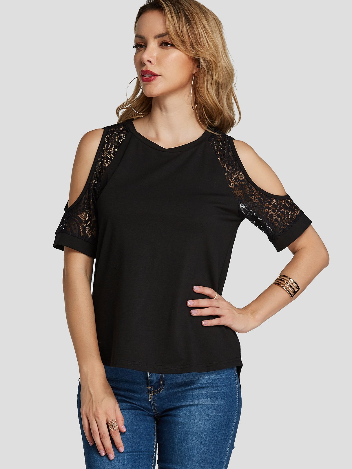 Wholesale Cold Shoulder Lace Short Sleeve Black T-Shirts