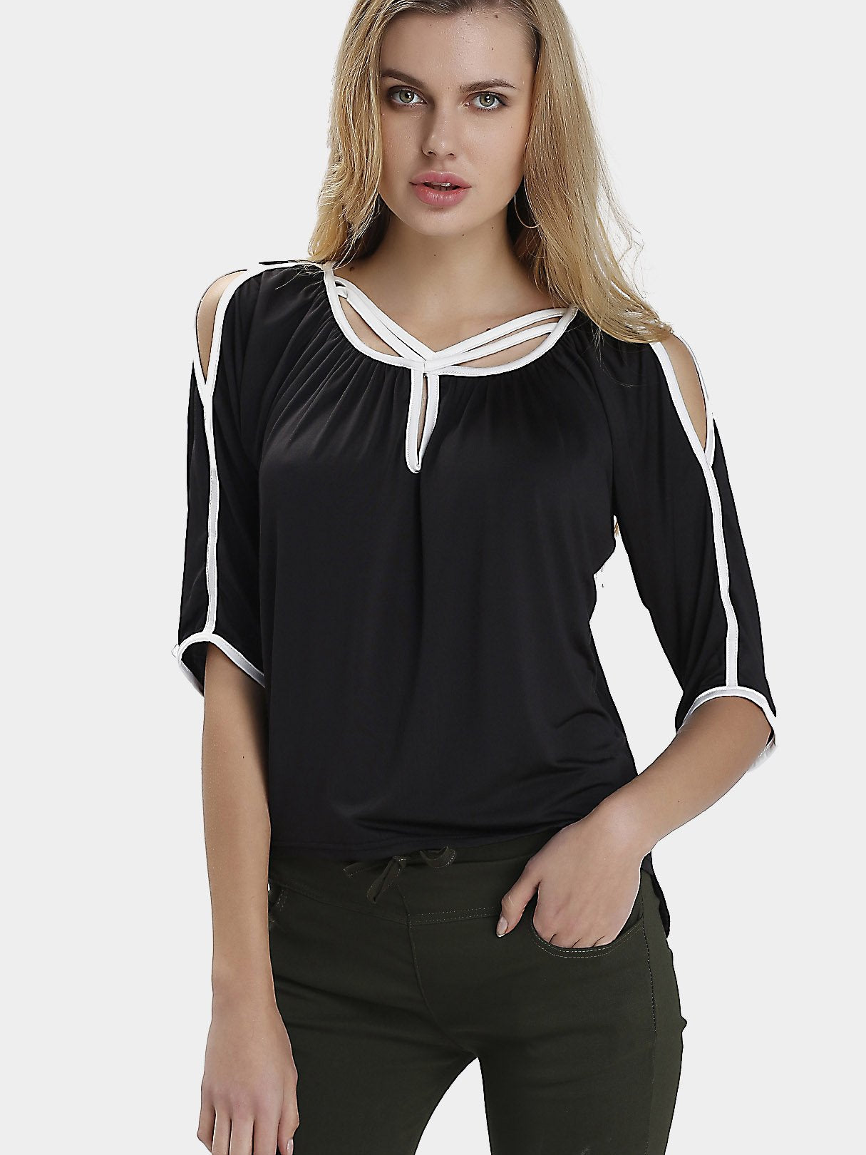 Wholesale Round Neck Half Sleeve Irregular Hem Black Blouses
