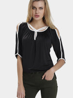 Wholesale Round Neck Half Sleeve Irregular Hem Black Blouses