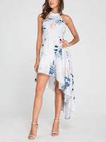 Wholesale White Crew Neck Sleeveless Floral Print Backless Irregular Hem Dresses
