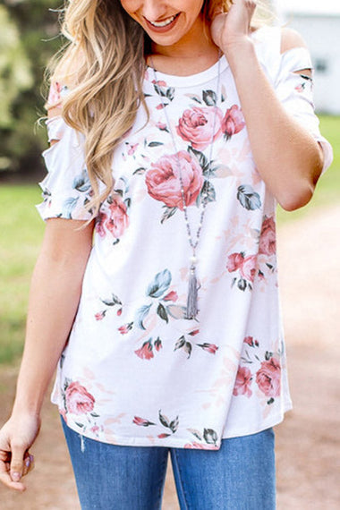 Wholesale Round Neck Floral Print Cut Out Short Sleeve White T-Shirts