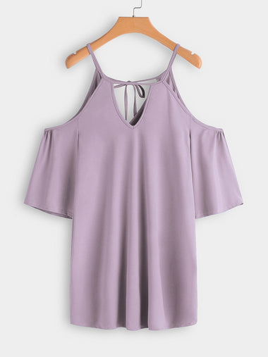 Wholesale Purple Cold Shoulder 3/4 Sleeve Plain Cut Out Self-Tie Casual Dresses