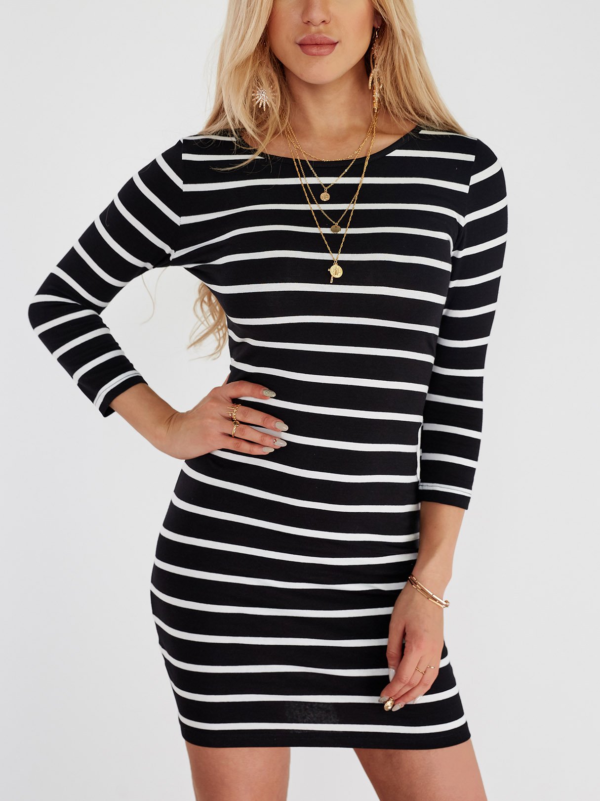 Wholesale Black Round Neck 3/4 Length Sleeve Stripe Mini Dresses