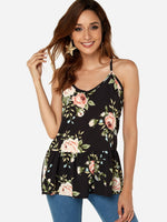 Wholesale V-Neck Floral Print Spaghetti Strap Sleeveless Black Camis