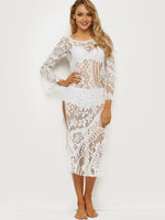 Wholesale White Long Sleeve Plain Lace Slit Beach Dresses