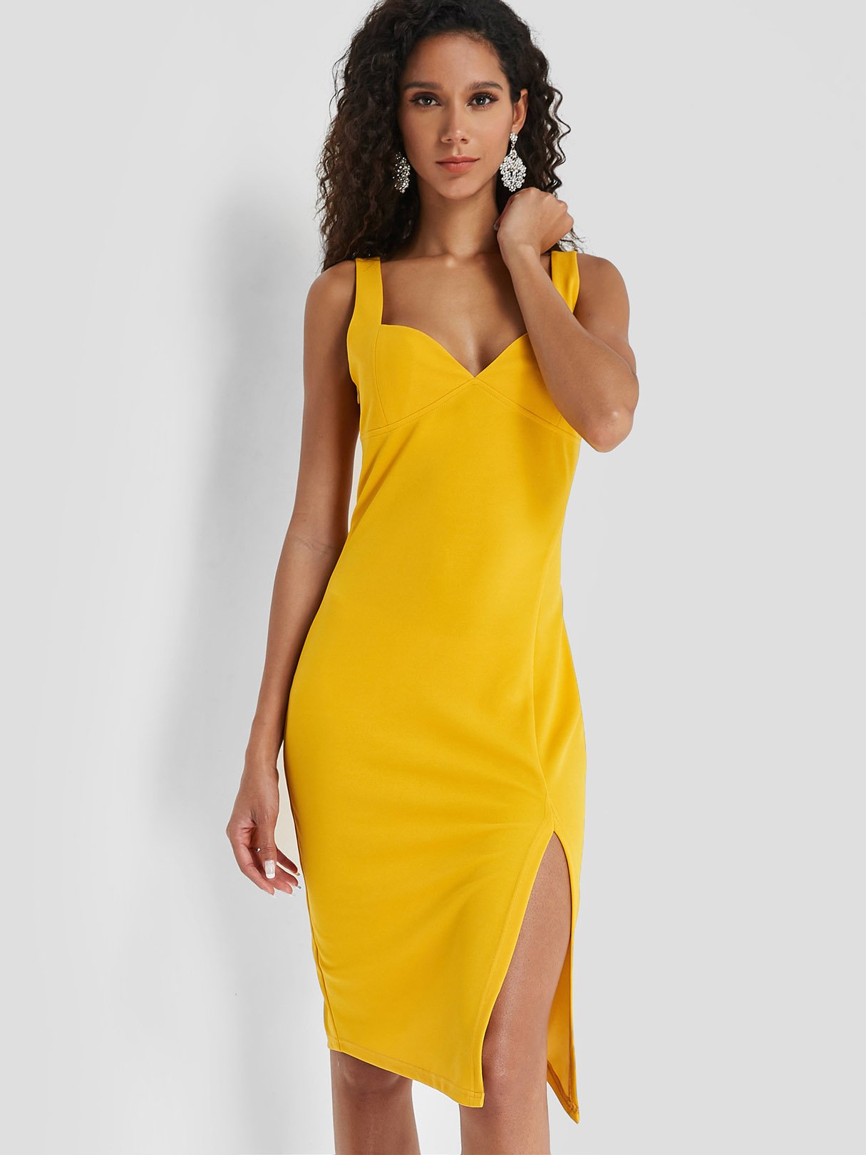 Wholesale Yellow Deep V Neck Sleeveless Plain Spaghetti Strap Slit Hem Dresses