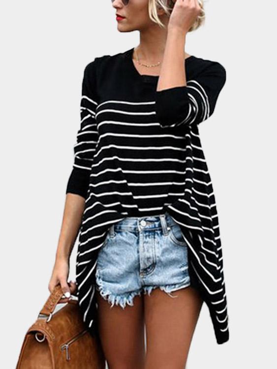 Wholesale Stripe Long Sleeve Irregular Hem Black T-Shirts