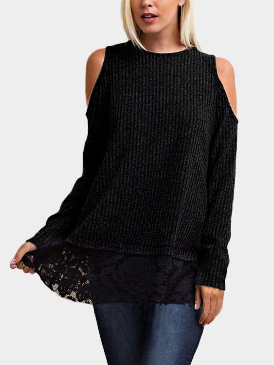 Wholesale Round Neck Cold Shoulder Lace Long Sleeve Black T-Shirts