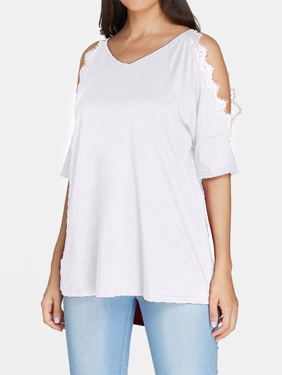 Wholesale V-Neck Cold Shoulder Plain Crochet Lace Embellished Cut Out Half Sleeve T-Shirts