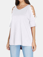 Wholesale V-Neck Cold Shoulder Plain Crochet Lace Embellished Cut Out Half Sleeve T-Shirts