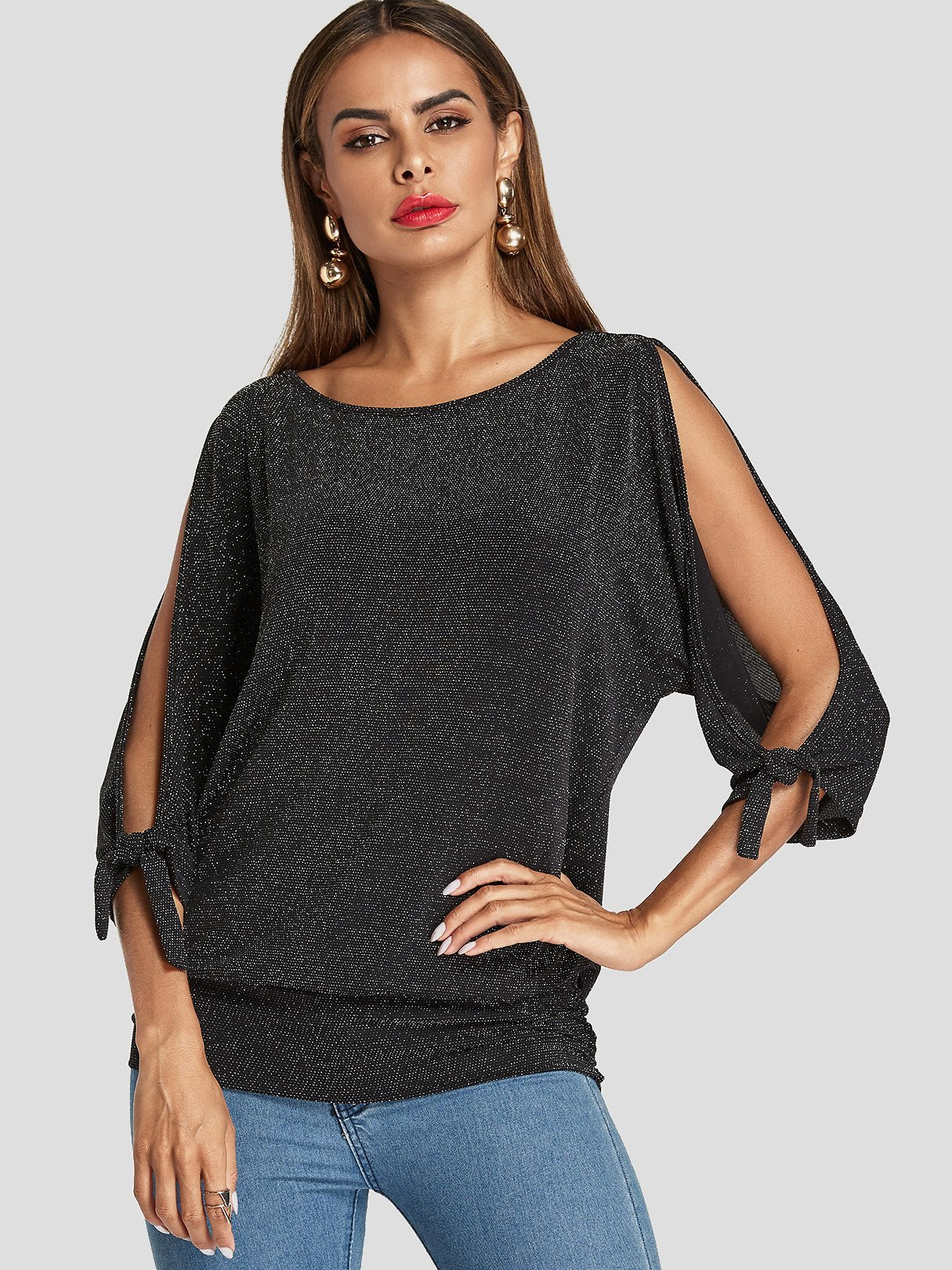 Wholesale Round Neck Cut Out 3/4 Sleeve Black T-Shirts