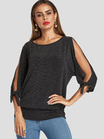 Wholesale Round Neck Cut Out 3/4 Sleeve Black T-Shirts