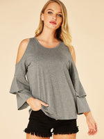 Wholesale Round Neck Cold Shoulder Plain Double Layer Long Sleeve Grey Blouses