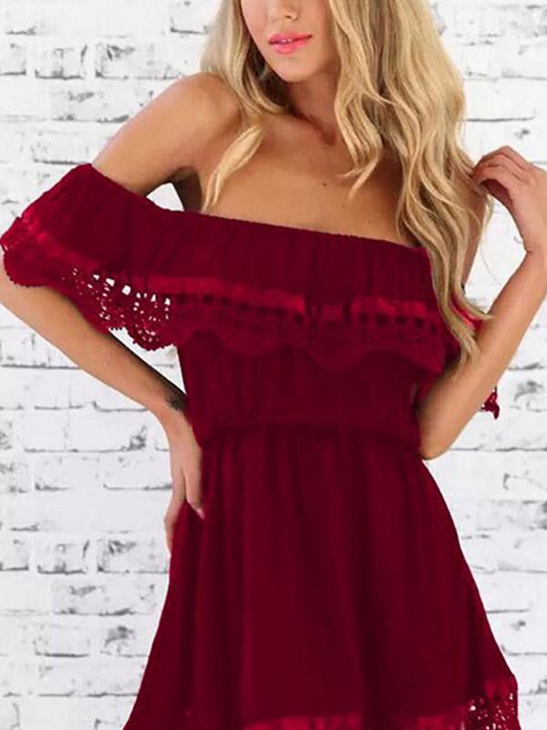 Wholesale Burgundy Off The Shoulder Short Sleeve Lace Mini Dress