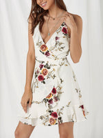 Wholesale White V-Neck Sleeveless Floral Print Lace-Up Cut Out Spaghetti Strap Wrap Flounced Hem Dresses