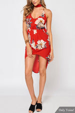 Wholesale V-Neck Sleeveless Floral Print Backless Slit Hem Dresses
