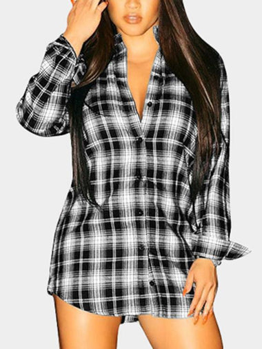 Wholesale Grid Classic Collar Long Sleeve Grid Shirt Dresses