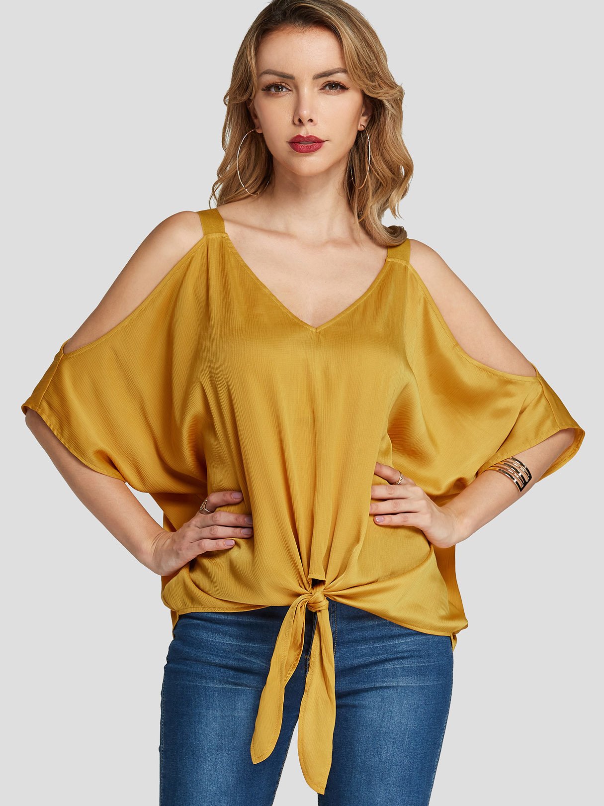 Wholesale V-Neck Cold Shoulder Self-Tie Yellow Blouses