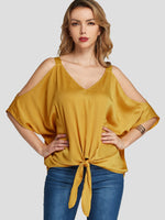 Wholesale V-Neck Cold Shoulder Self-Tie Yellow Blouses