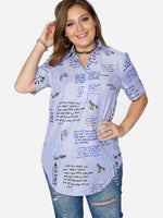Wholesale Classic Collar Stripe Letter Short Sleeve Curved Hem Blue Plus Size Tops