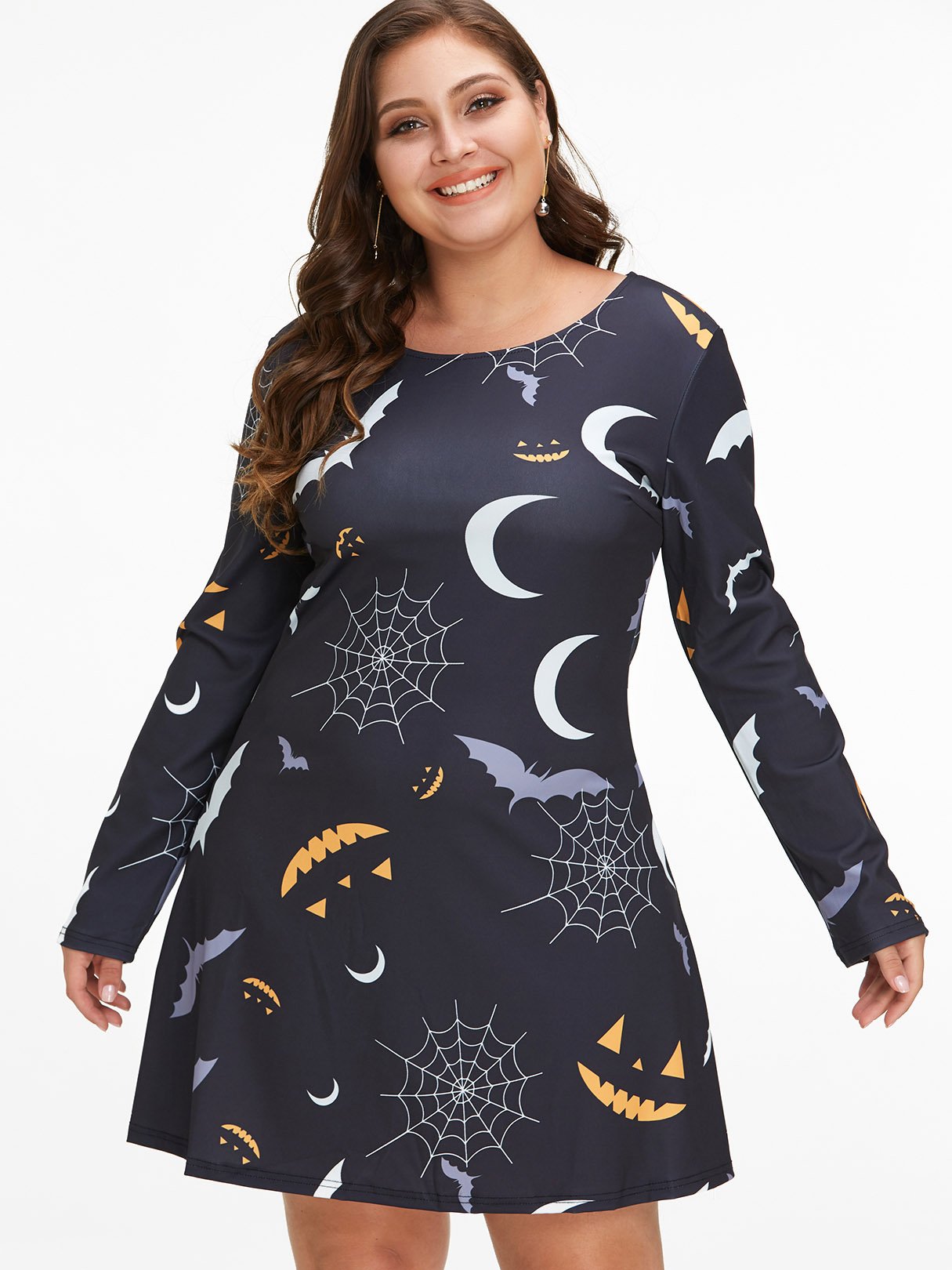 Wholesale Round Neck Long Sleeve Black Plus Size Dress