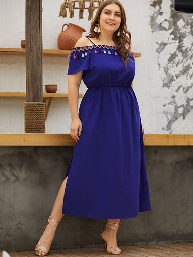 Wholesale Cold Shoulder Plain Tassel Slit Spaghetti Strap Short Sleeve Blue Plus Size Dress