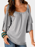 Wholesale Cold Shoulder Tiered Half Sleeve Grey T-Shirts