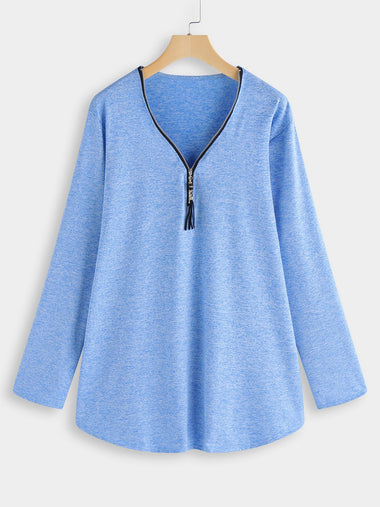 Wholesale V-Neck Plain Tassel Zip Front Long Sleeve Plus Size Tops