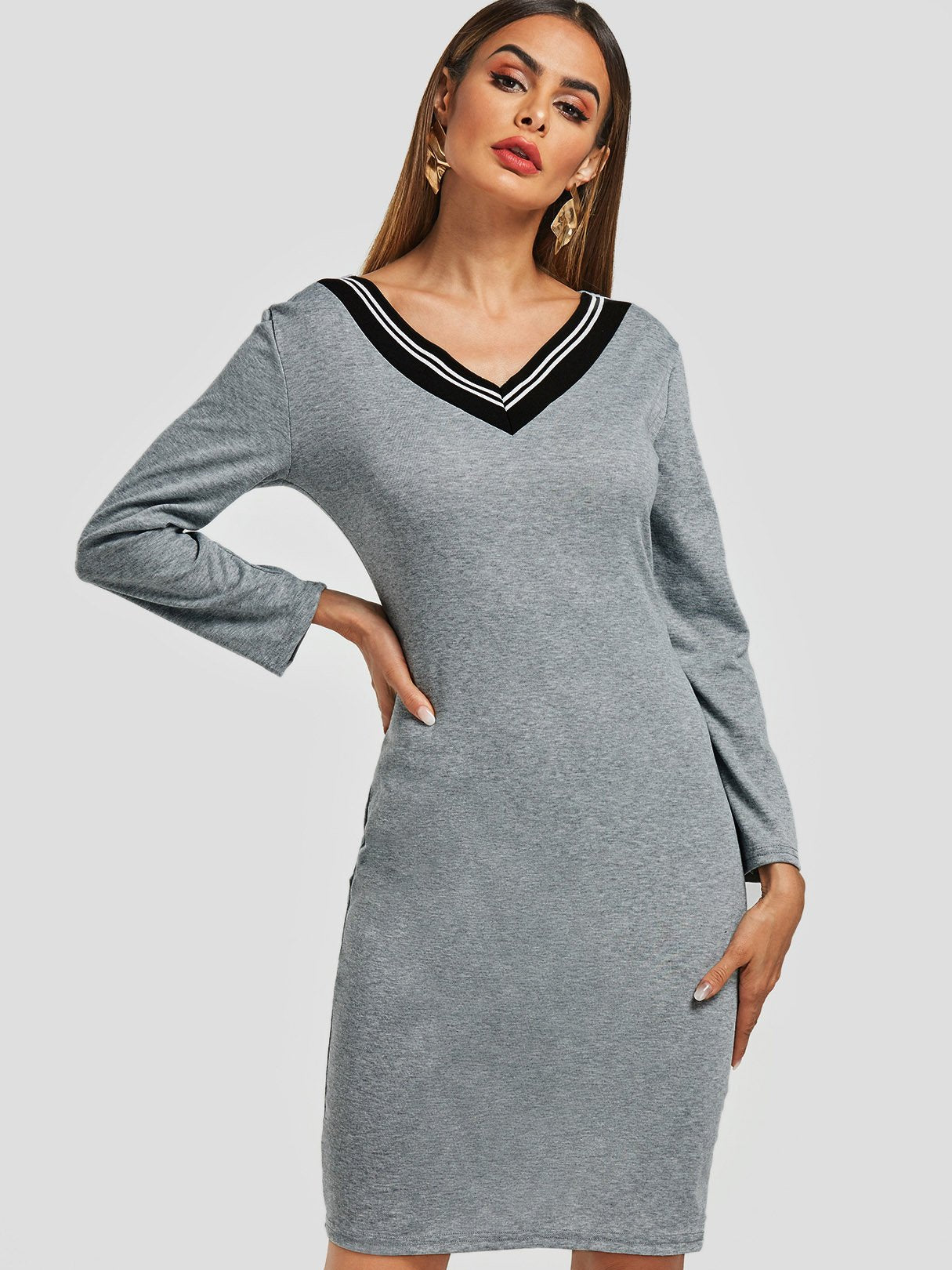 Wholesale V-Neck Stripe Long Sleeve Bodycon Hem Grey Mini Dress