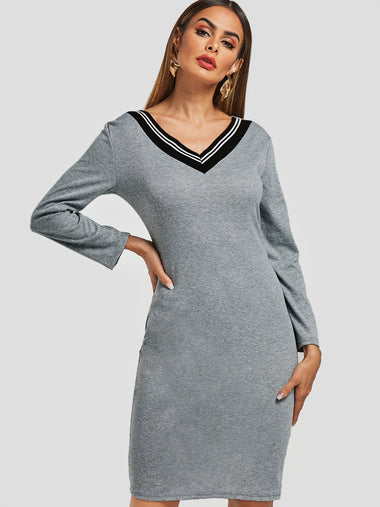 Wholesale V-Neck Stripe Long Sleeve Bodycon Hem Grey Mini Dress