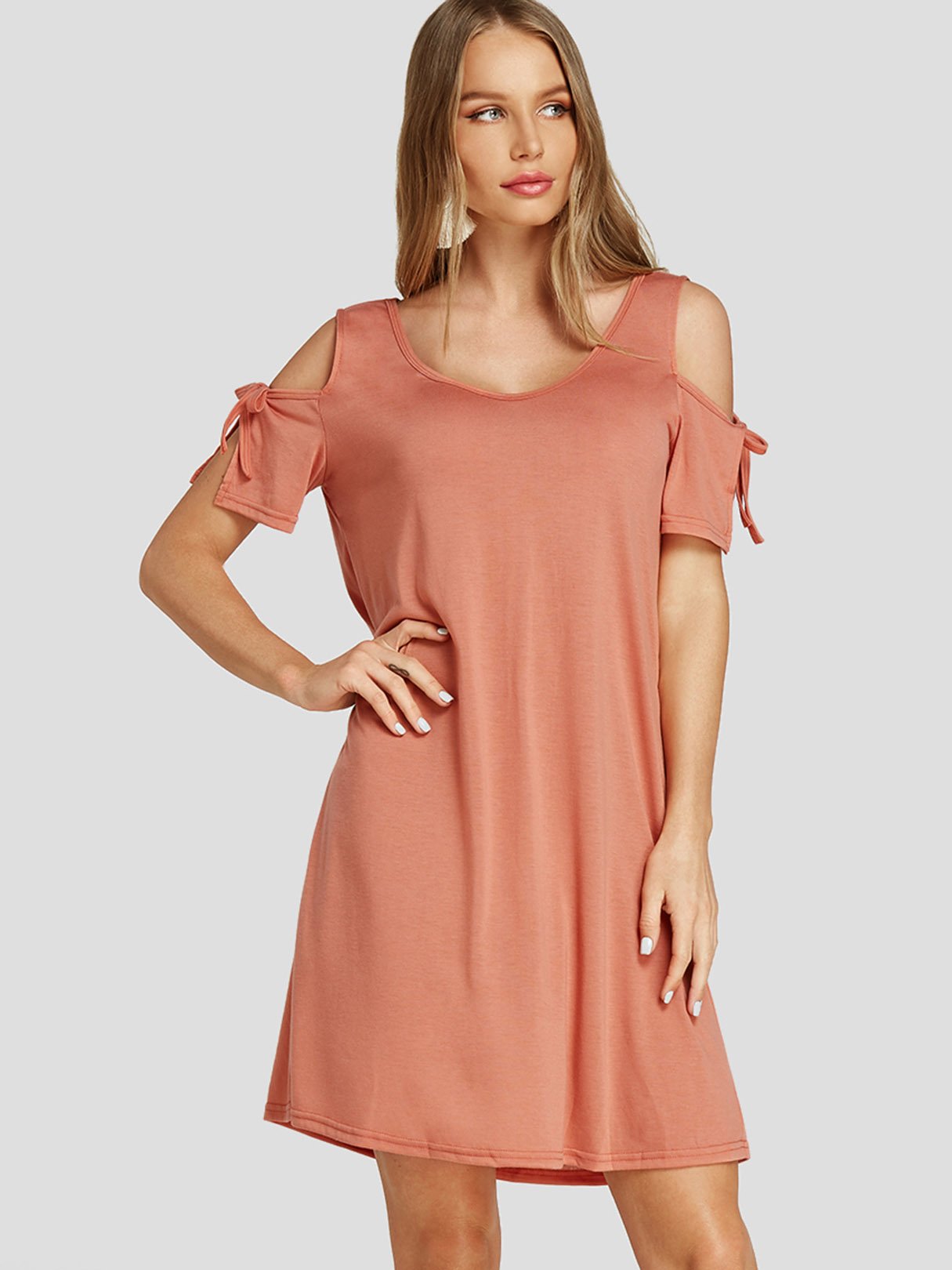 Wholesale V-Neck Cold Shoulder Self-Tie Short Sleeve Coral Casual Dresses
