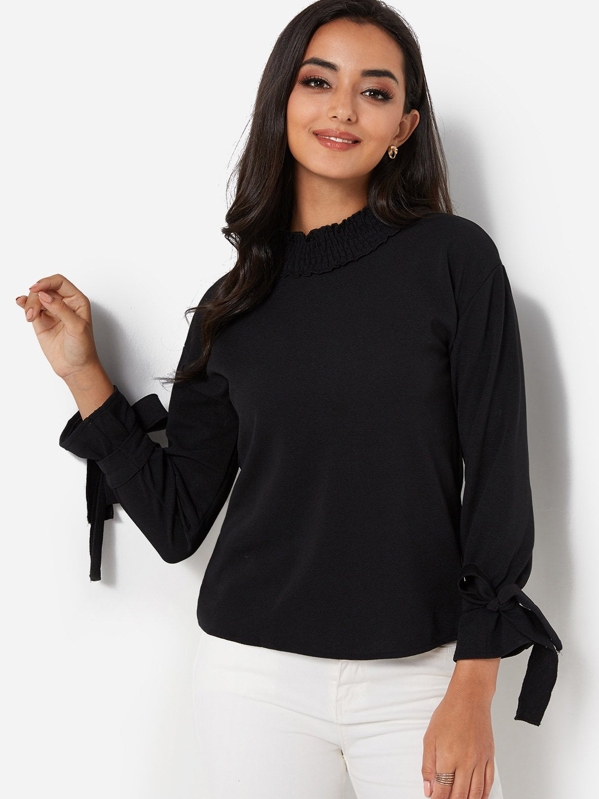 Wholesale Perkins Collar Plain Pleated Long Sleeve Black T-Shirts