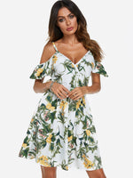 Wholesale White V-Neck Cold Shoulder Sleeveless Floral Print Wrap Dresses