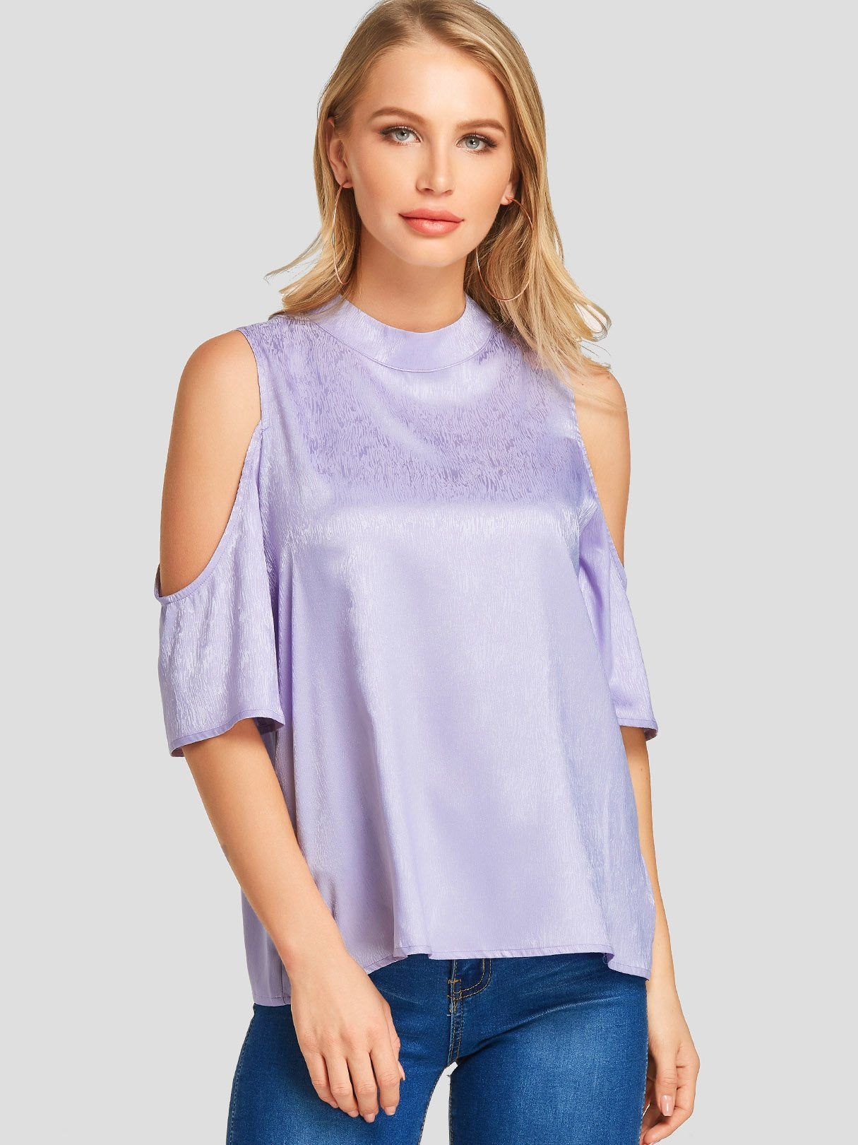 Wholesale Cold Shoulder Plain Half Sleeve Purple Blouses