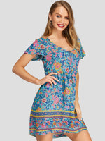 Wholesale V-Neck Floral Print Short Sleeve Dress