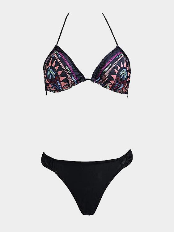Wholesale Sleeveless Black Totem Pattern Sequin Lace-Up 2 Piece Bikinis