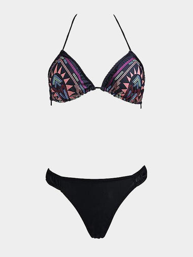 Wholesale Sleeveless Black Totem Pattern Sequin Lace-Up 2 Piece Bikinis
