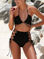 Wholesale Black V-Neck Sleeveless Lace-Up Cut Out Bikinis